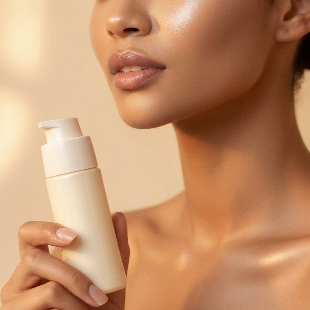 Woman with radiant glowing skin holding Zylevé skincare